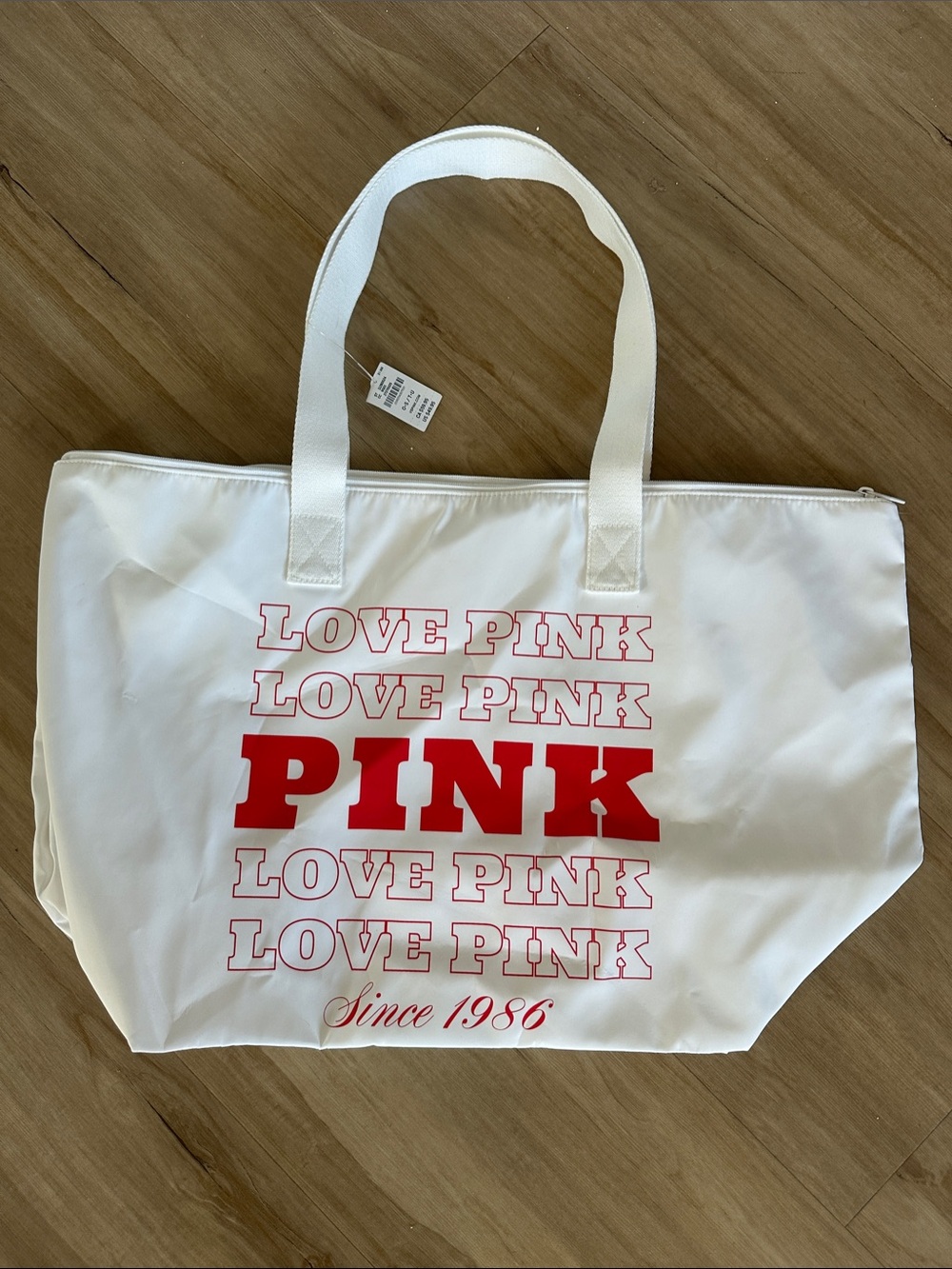 PINK Victoria's Secret White Tote with Red Logo Text